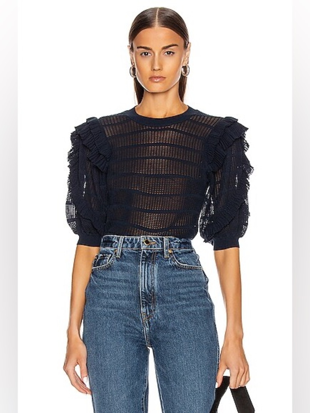 Ulla Johnson Aveline knit sweater short puff sleeve top midnight blue sz med